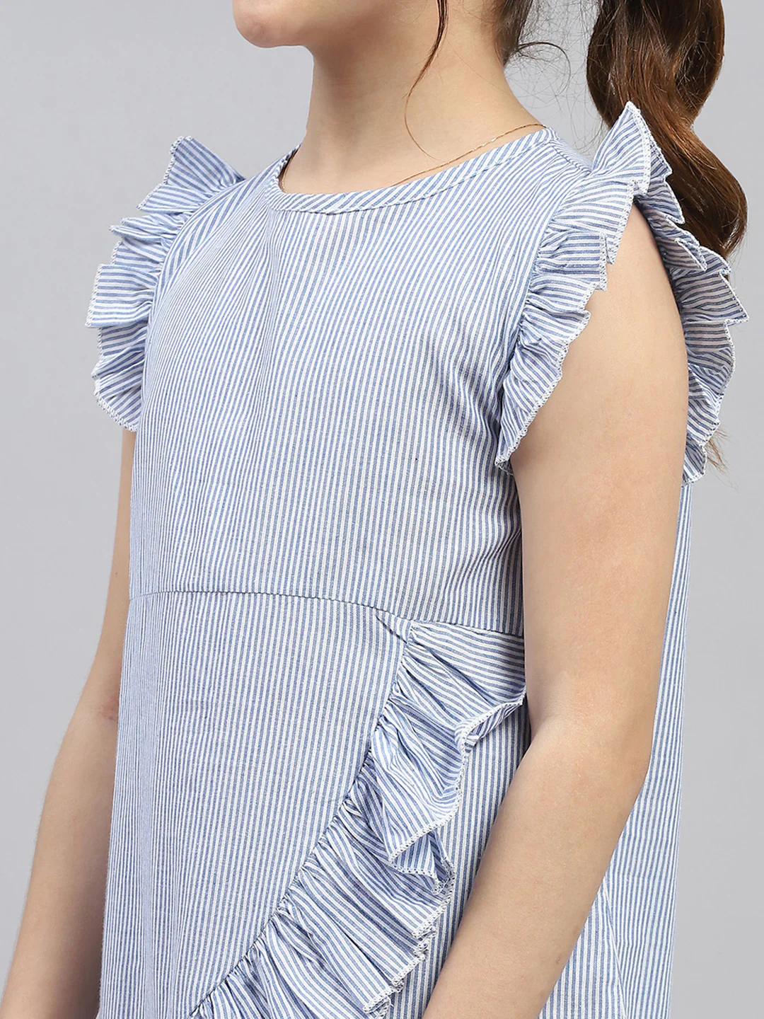 Girls Blue Stripe Round Neck Sleeveless Dress - Image 7