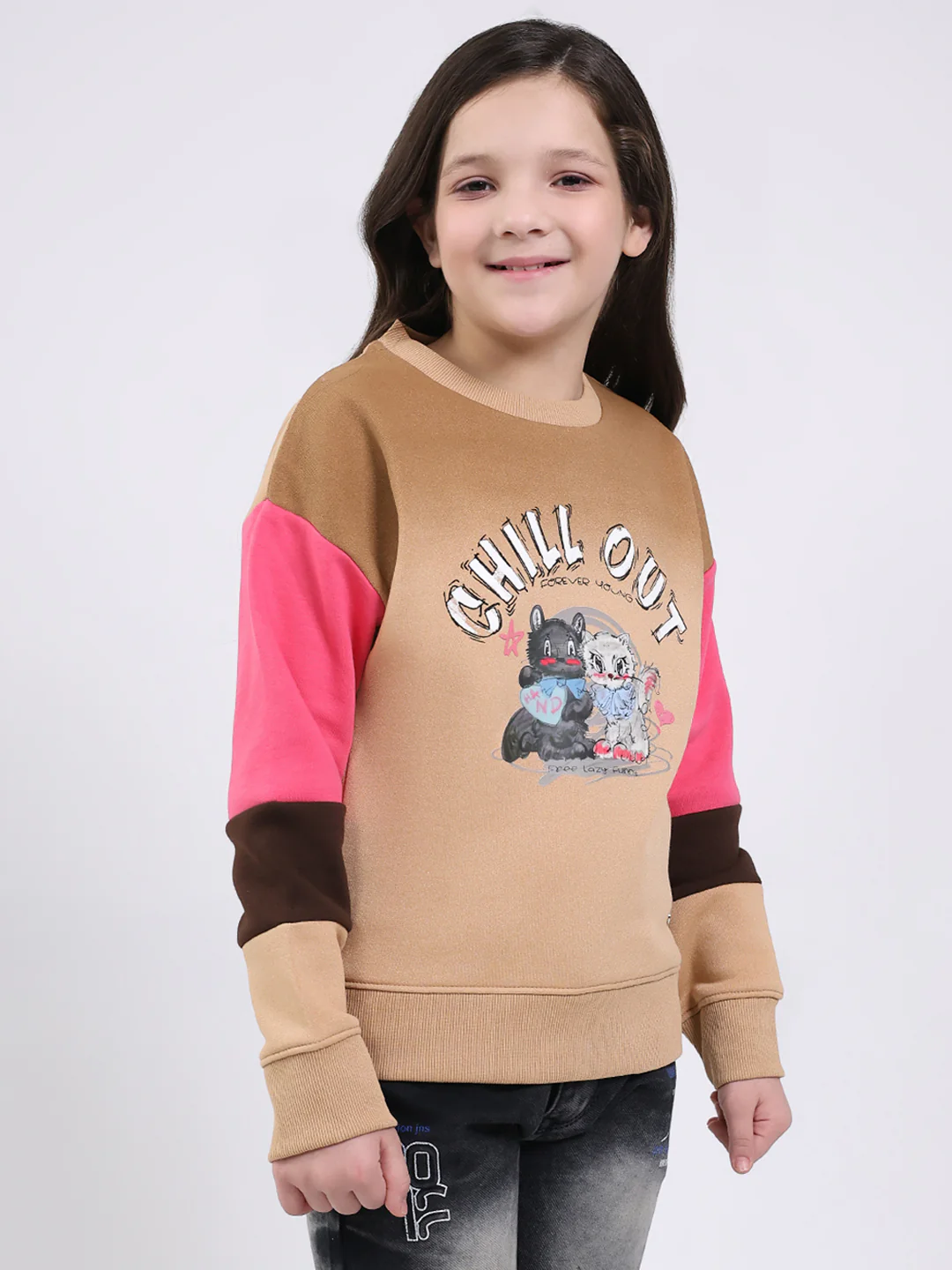 Girls Brown Printed Round Neck Full Sleeve Sweatshirt - Image 4