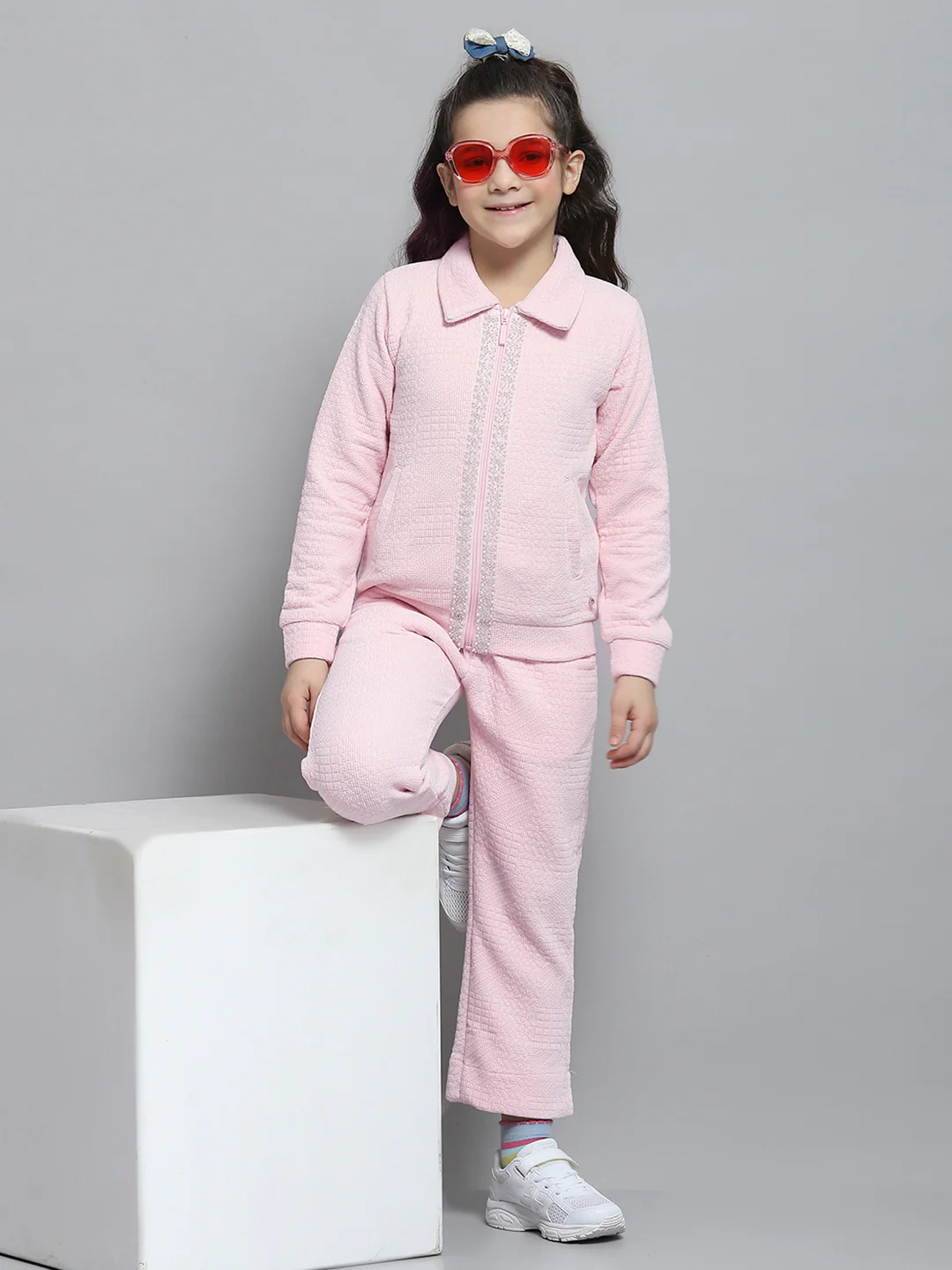 Girls Pink Self Design Collar Full Sleeve Cords Set - Image 2