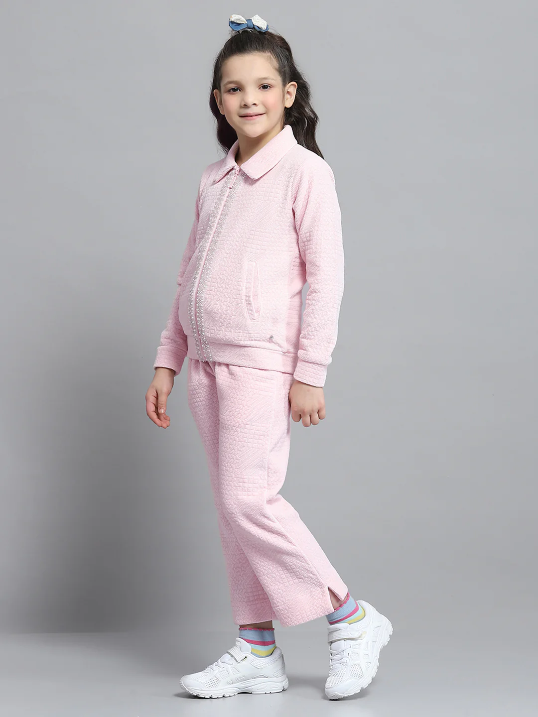 Girls Pink Self Design Collar Full Sleeve Cords Set - Image 3