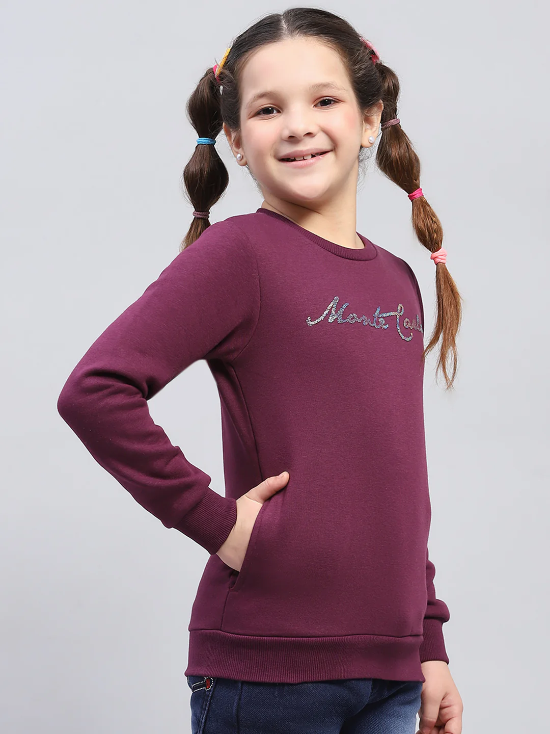 Girls Burgundy Printed Round Neck Full Sleeve Sweatshirt - Image 4