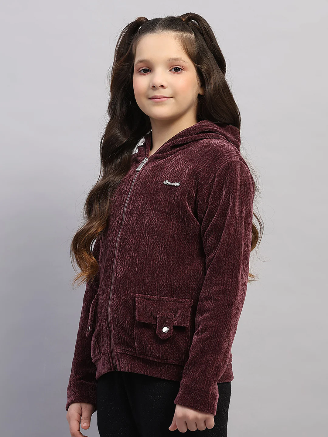 Girls Burgundy Self Design Hooded Full Sleeve Sweatshirt - Image 3
