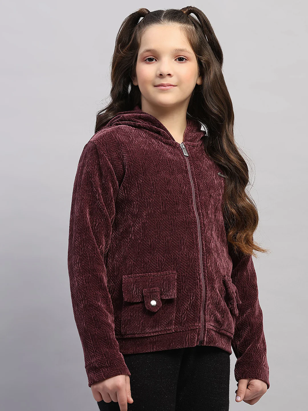 Girls Burgundy Self Design Hooded Full Sleeve Sweatshirt - Image 4