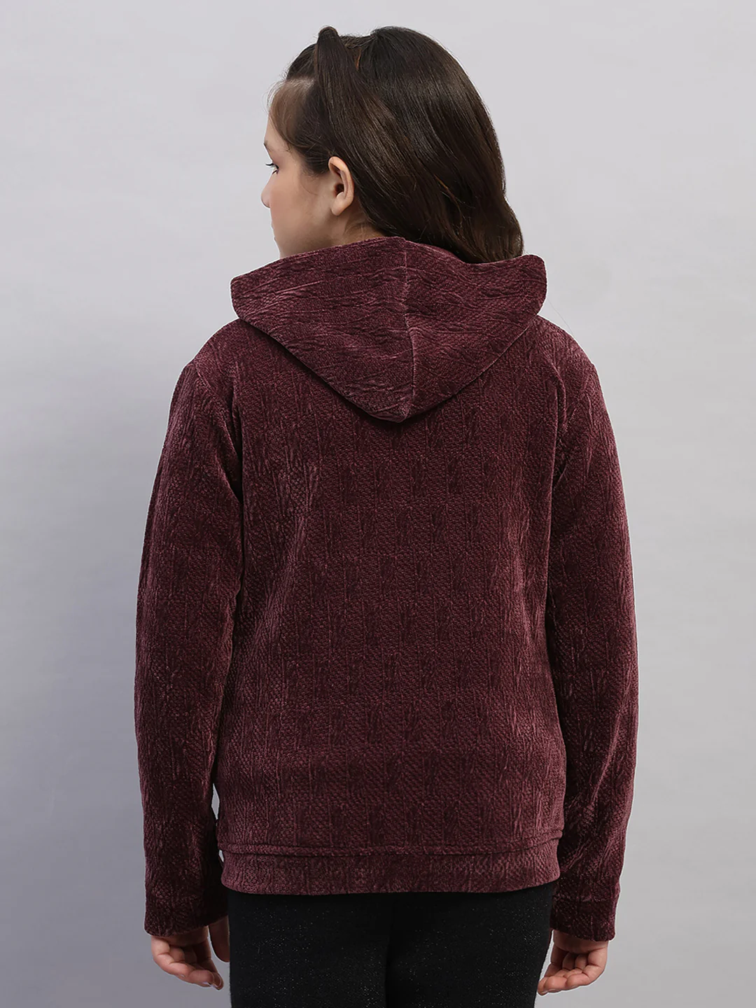 Girls Burgundy Self Design Hooded Full Sleeve Sweatshirt - Image 5