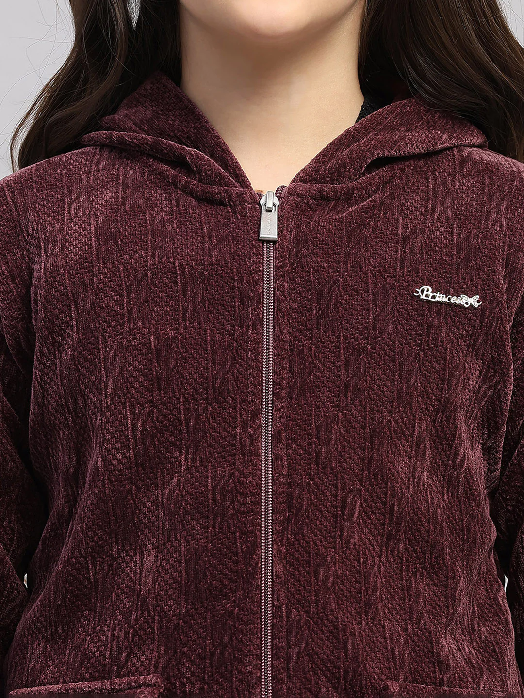 Girls Burgundy Self Design Hooded Full Sleeve Sweatshirt - Image 6