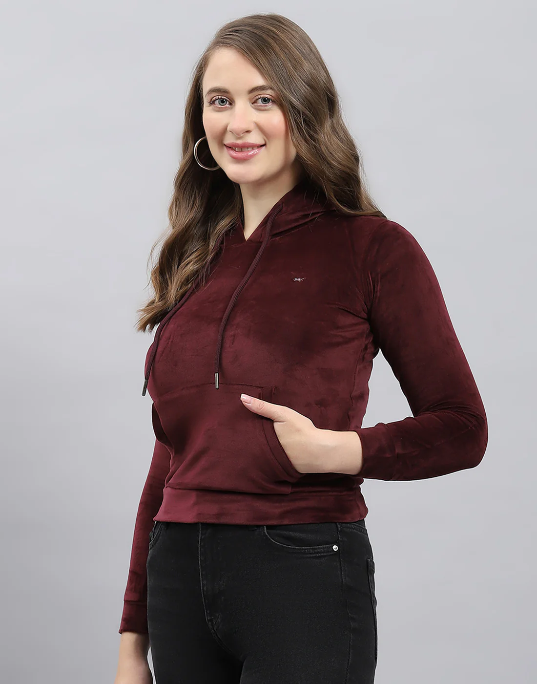 Girls Burgundy Solid Hooded Full Sleeve Sweatshirt - Image 2
