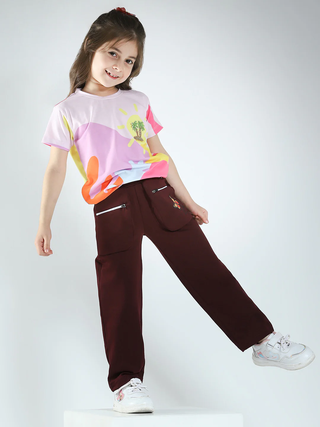 Girls Burgundy Solid Regular Fit Lower - Image 2