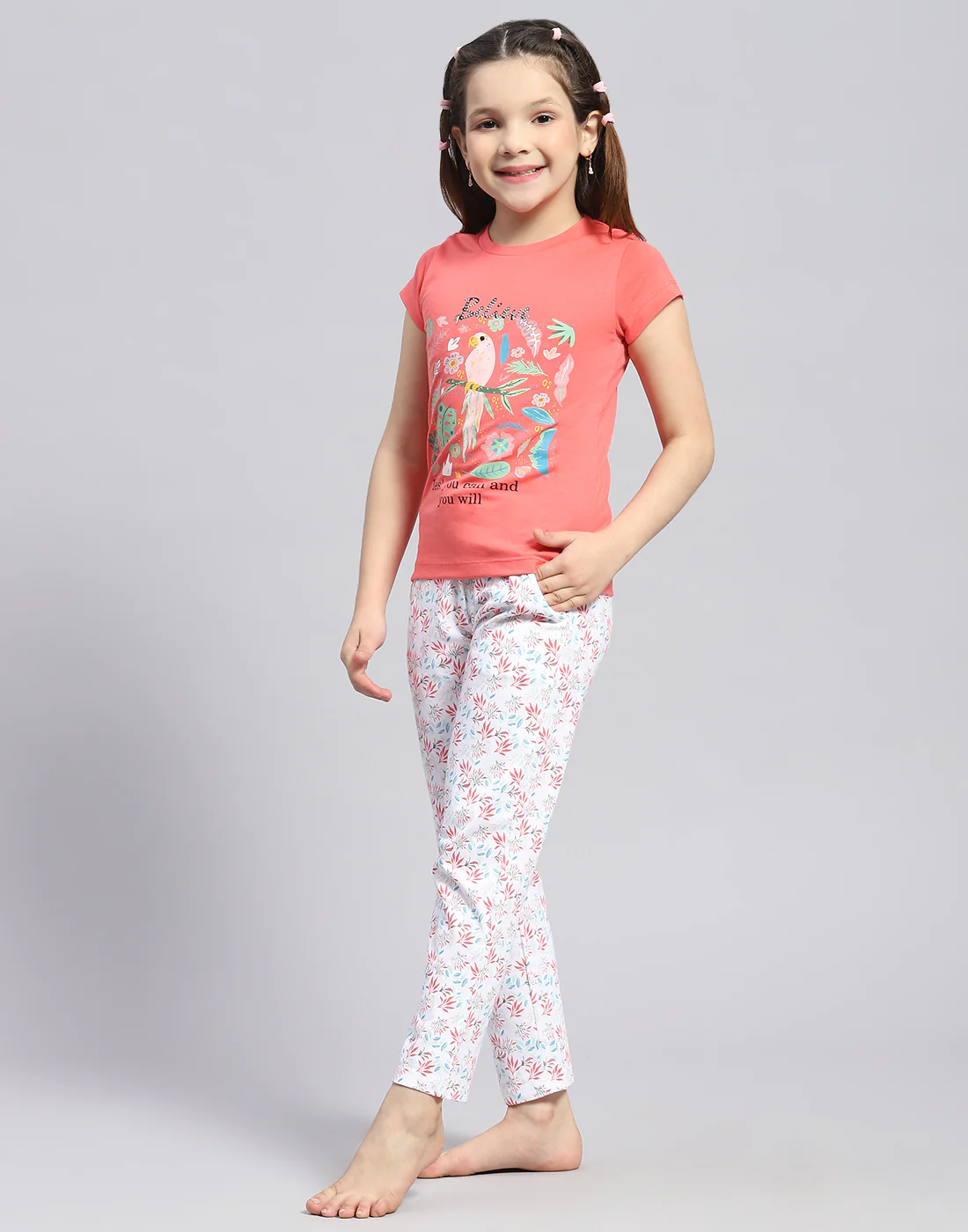 Girls Coral Printed Round Neck Half Sleeve Lower Set - Image 3
