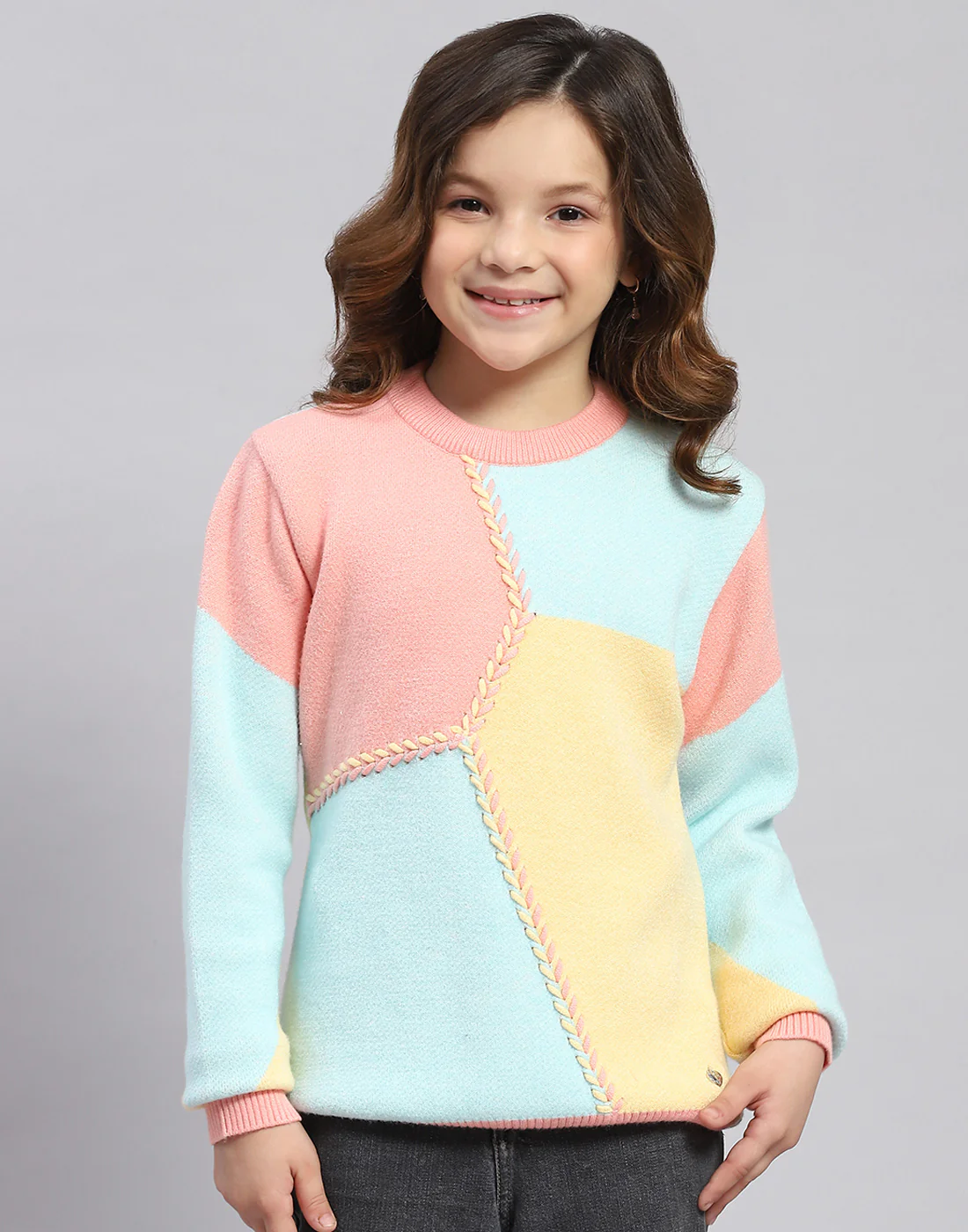 Girls Coral Self Design Round Neck Full Sleeve Sweater