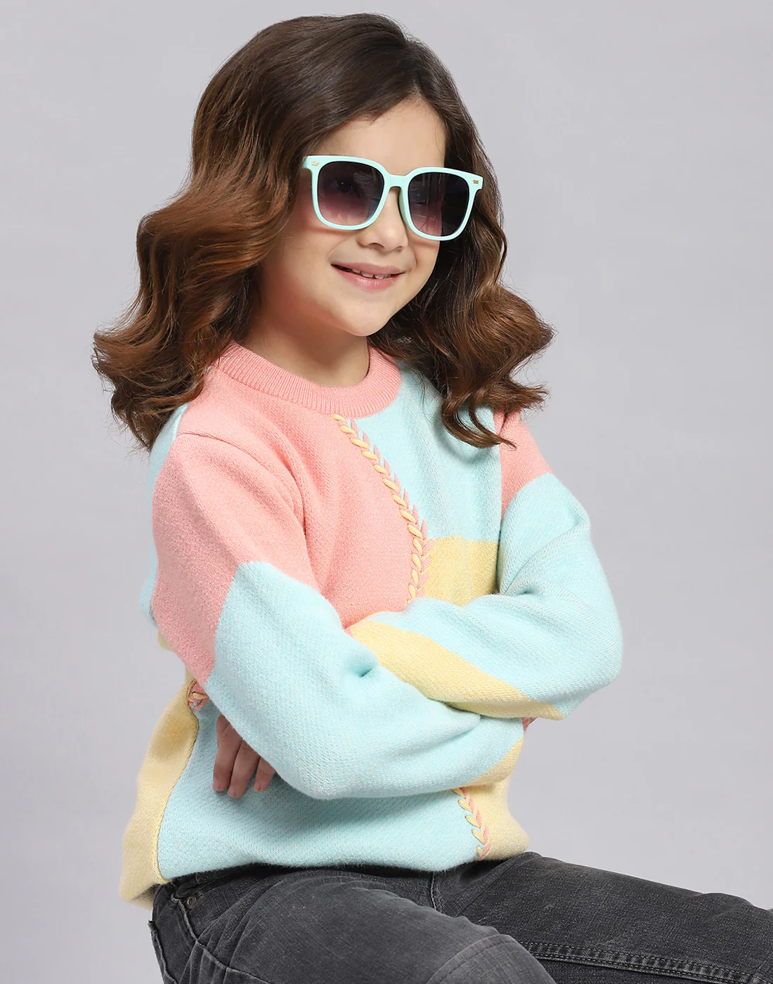 Girls Coral Self Design Round Neck Full Sleeve Sweater - Image 2