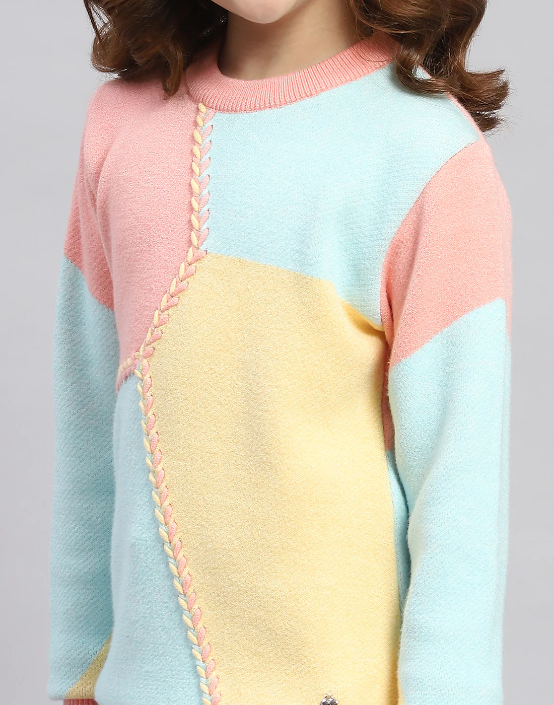 Girls Coral Self Design Round Neck Full Sleeve Sweater - Image 7