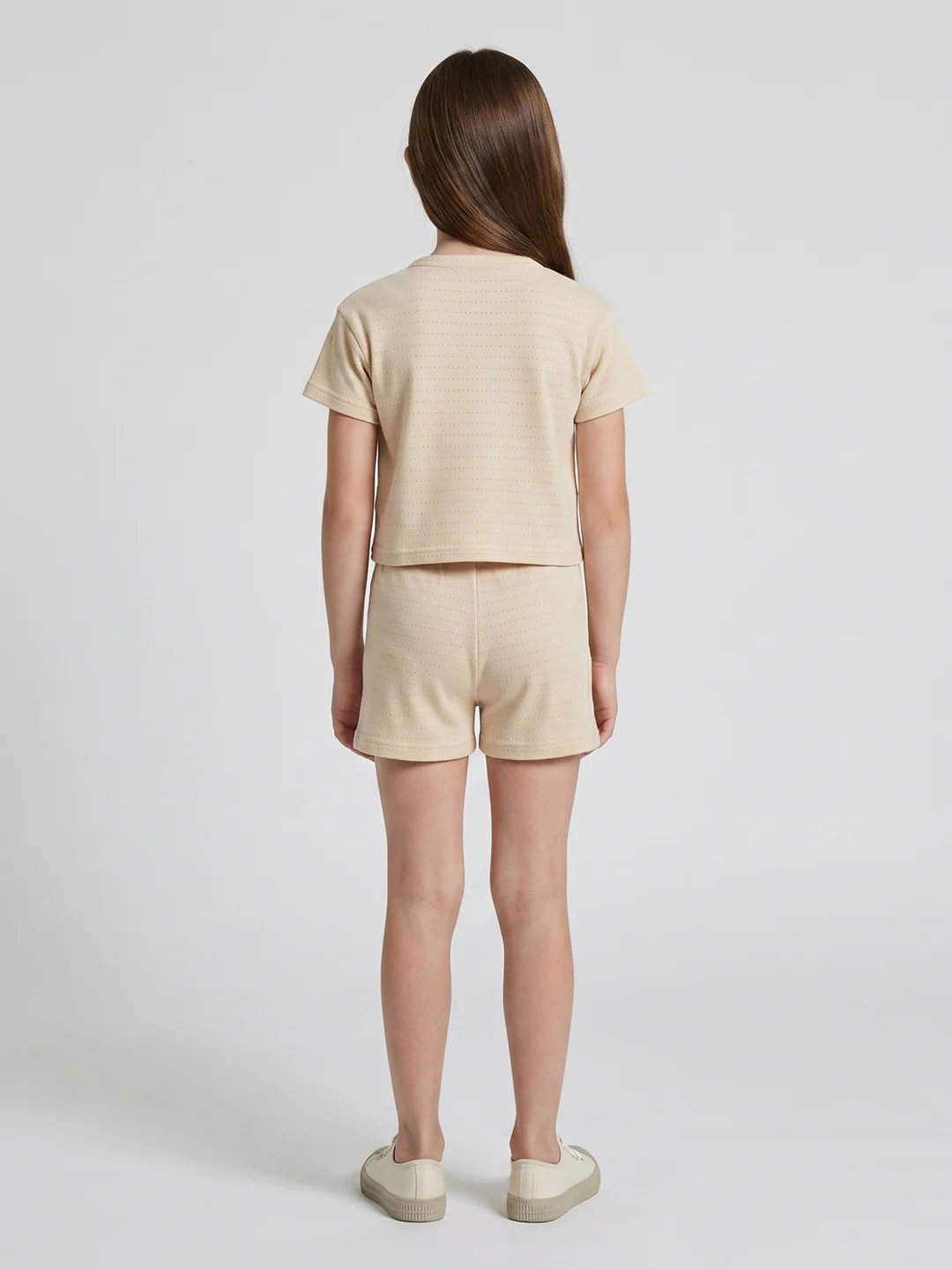 Girls Cream Jacquard Round Neck Half Sleeve Cords Set - Image 4