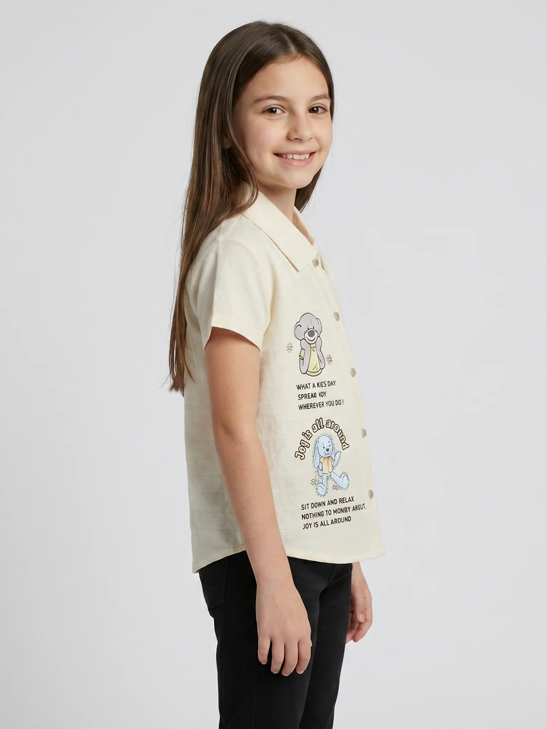 Girls Cream Printed Collar Half Sleeve Top - Image 3