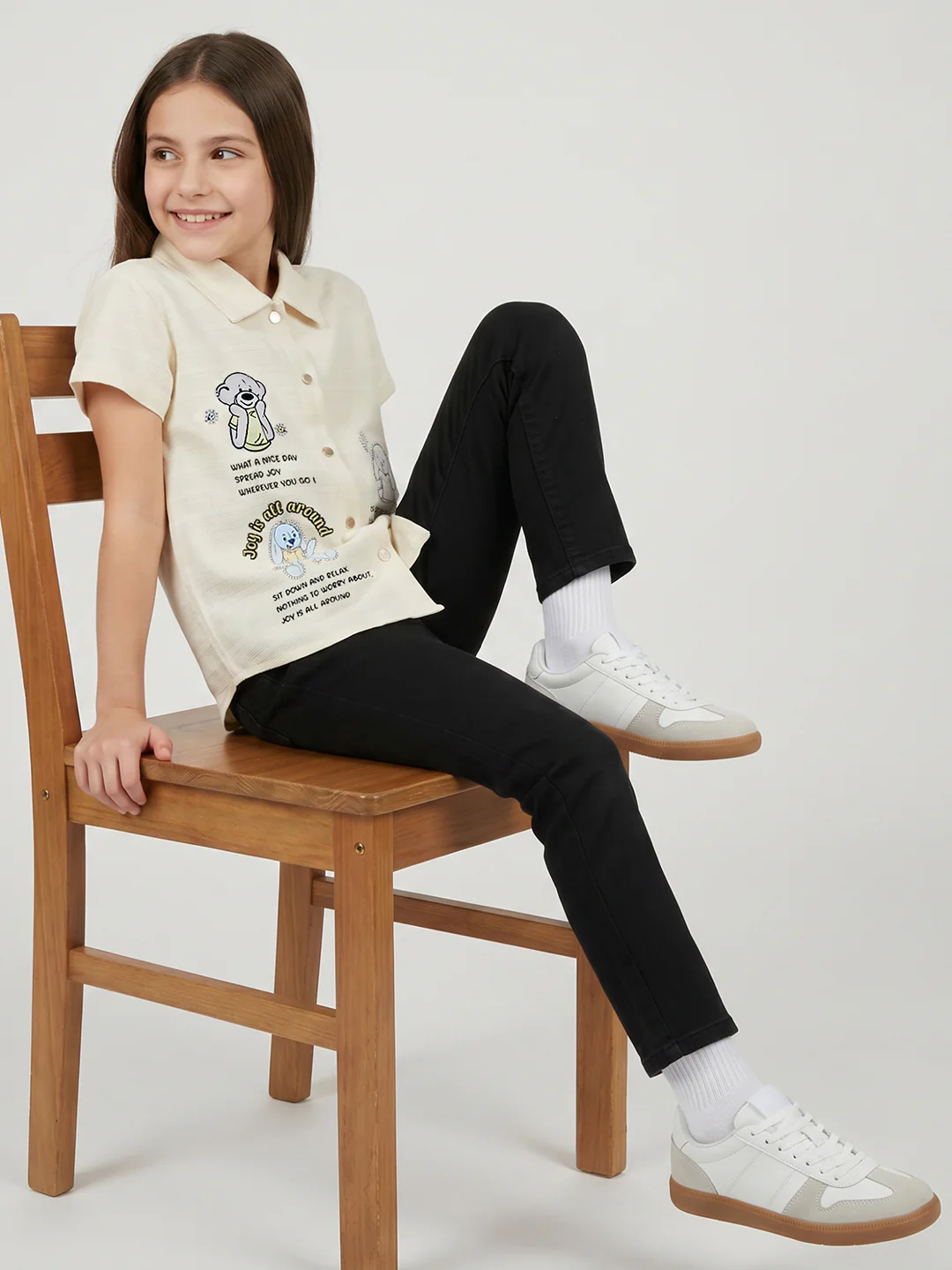 Girls Cream Printed Collar Half Sleeve Top - Image 4