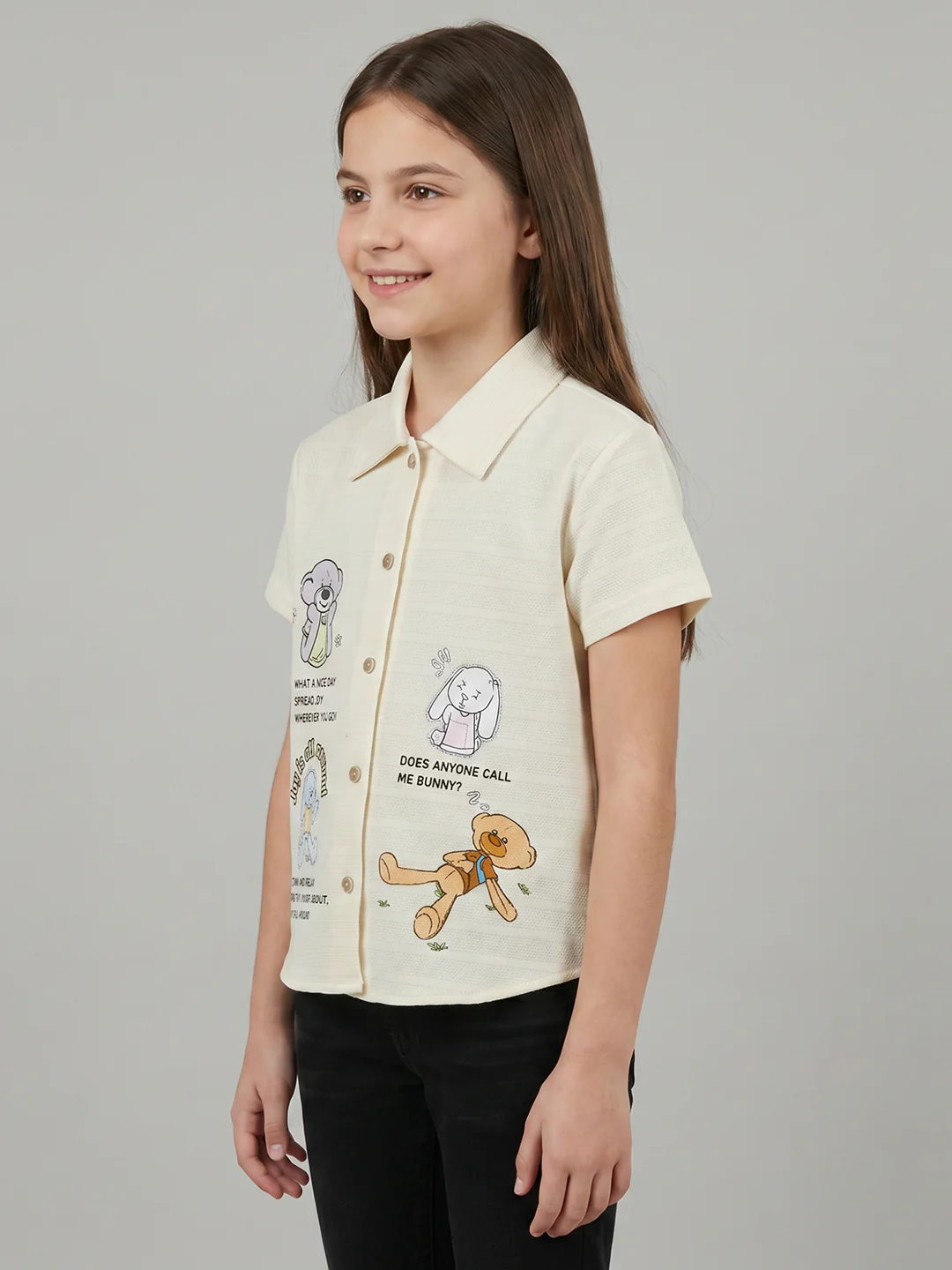 Girls Cream Printed Collar Half Sleeve Top - Image 5