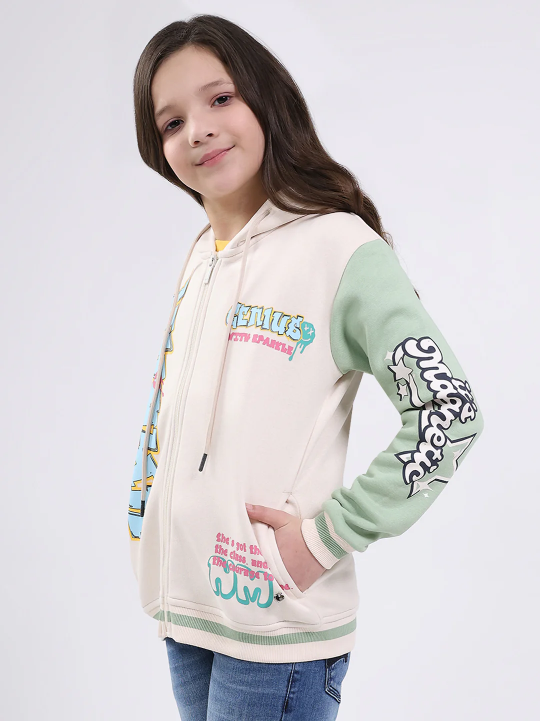 Girls Cream Printed Hooded Full Sleeve Sweatshirt - Image 3