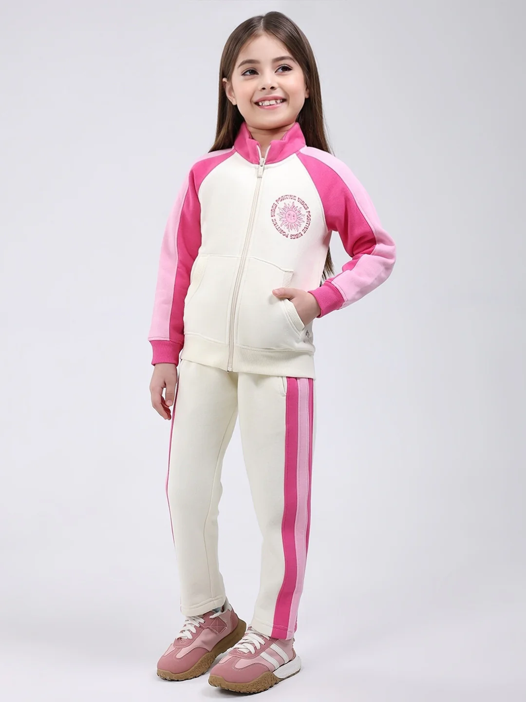 Girls Cream Printed Mock Neck Full Sleeve Tracksuit - Image 3