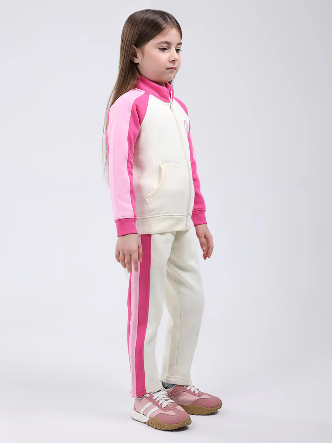 Girls Cream Printed Mock Neck Full Sleeve Tracksuit - Image 4