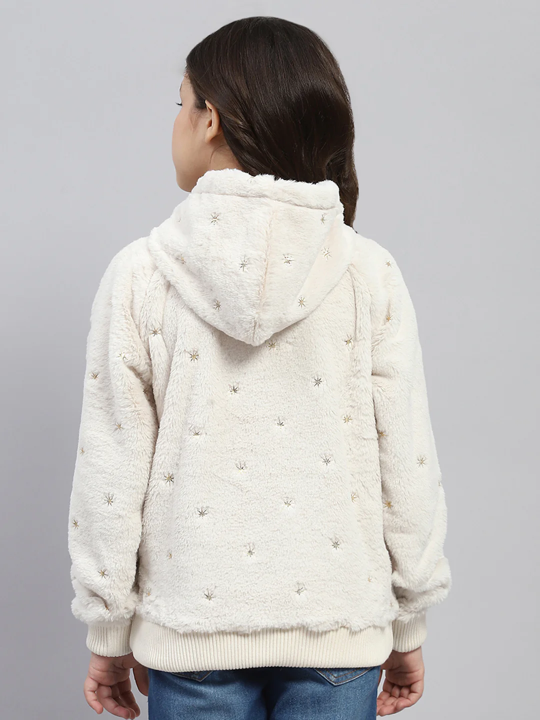 Girls Cream Self Design Hooded Full Sleeve Sweatshirt - Image 5