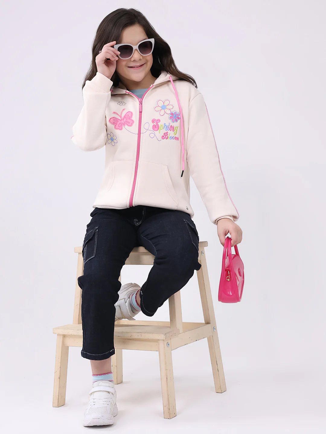 Girls Cream Self Design Hooded Full Sleeve Sweatshirt - Image 2