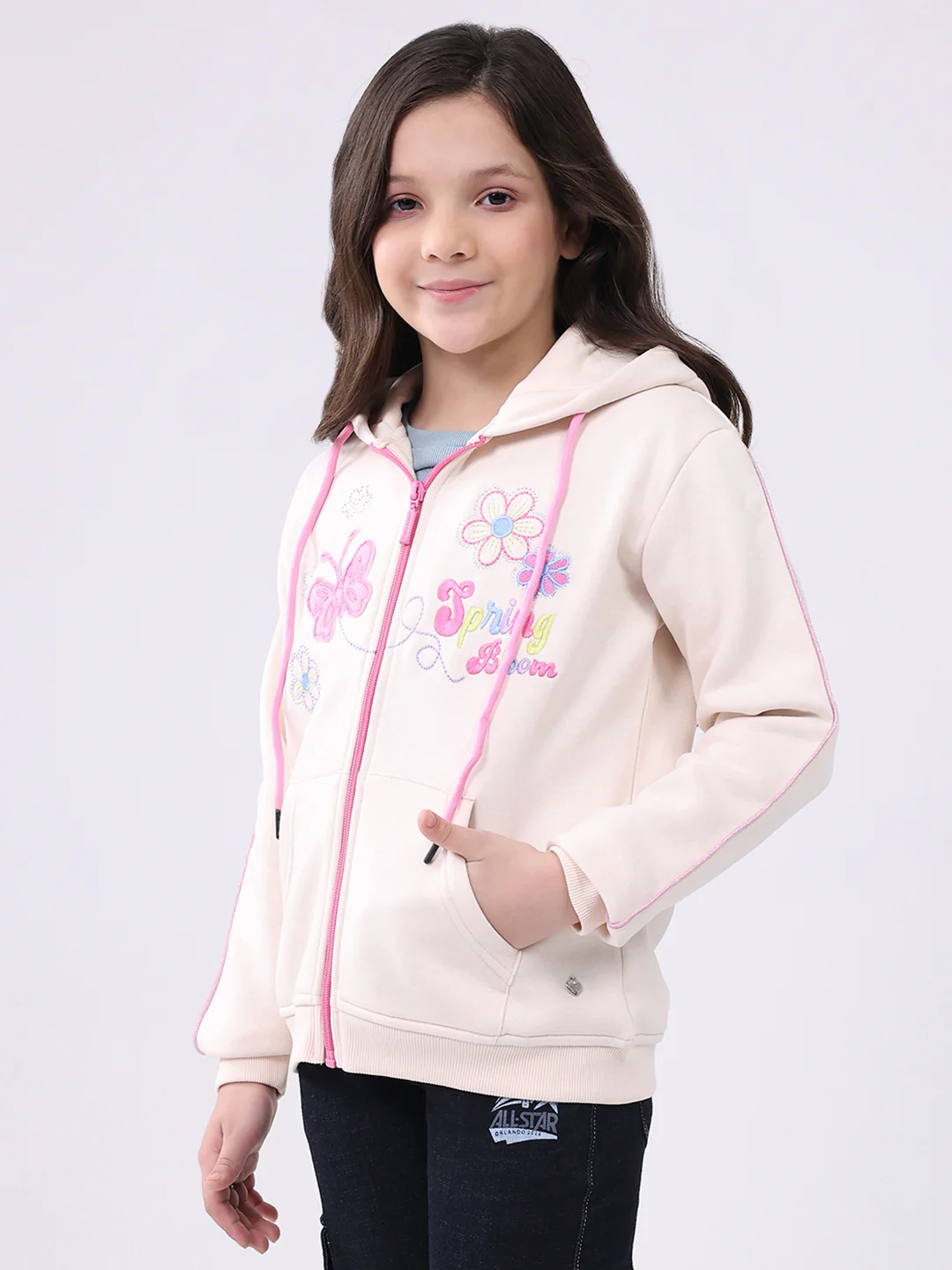 Girls Cream Self Design Hooded Full Sleeve Sweatshirt - Image 3