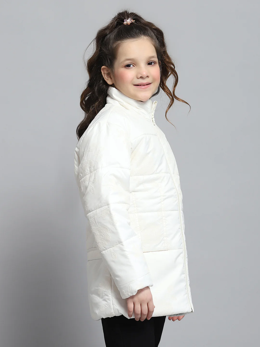 Girls Cream Self Design Mock Neck Full Sleeve Jacket - Image 4