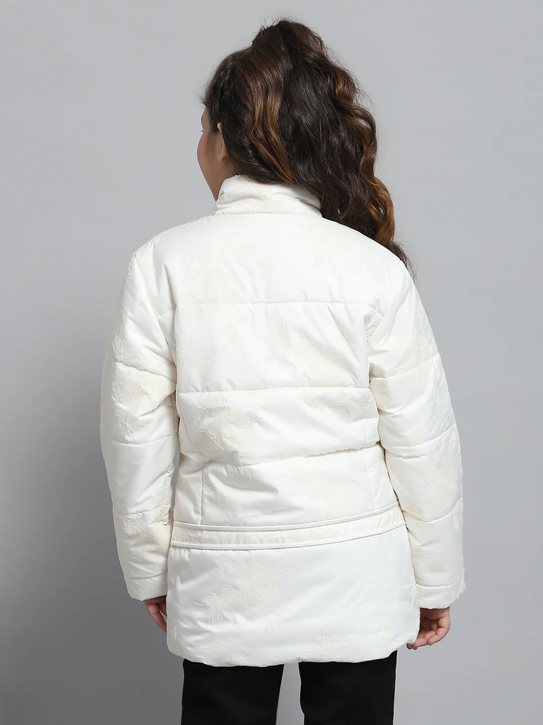 Girls Cream Self Design Mock Neck Full Sleeve Jacket - Image 5