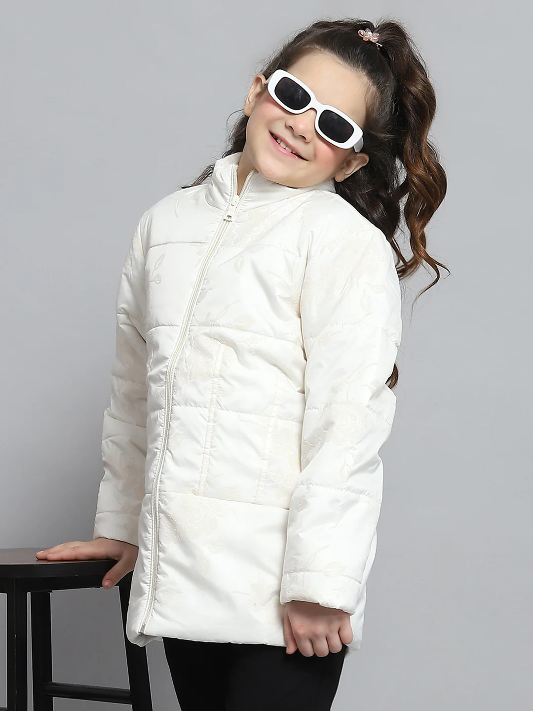 Girls Cream Self Design Mock Neck Full Sleeve Jacket - Image 6