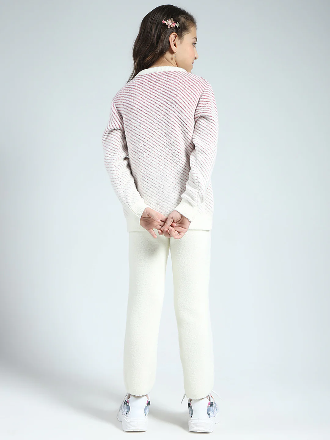 Girls Cream Self Design Round Neck Full Sleeve Cords Set - Image 5