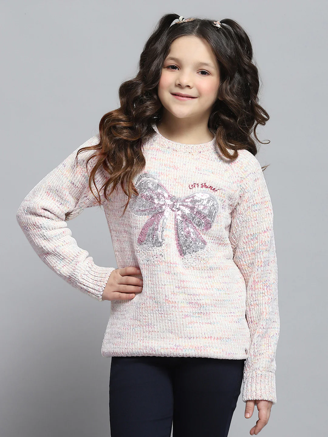 Girls Cream Self Design Round Neck Full Sleeve Winter Top