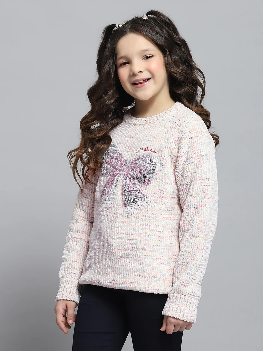 Girls Cream Self Design Round Neck Full Sleeve Winter Top - Image 3