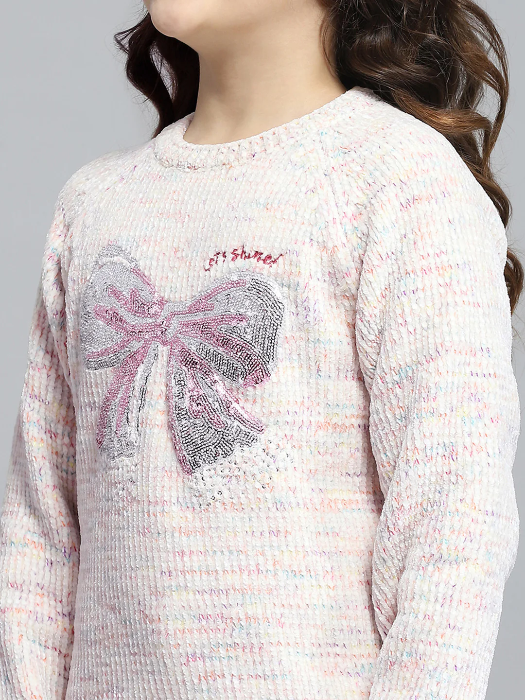 Girls Cream Self Design Round Neck Full Sleeve Winter Top - Image 6