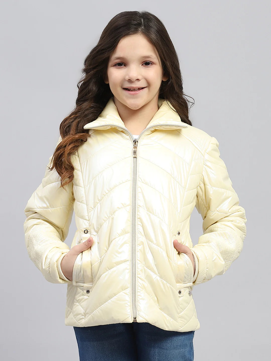 Girls Cream Solid Collar Full Sleeve Reversible Jacket - Image 6