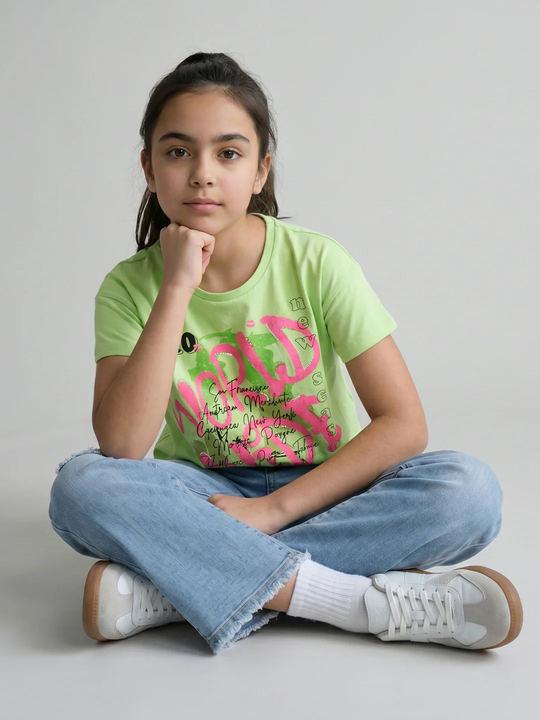 Girls Fluorescent Green Printed Round Neck Half Sleeve Top - Image 5