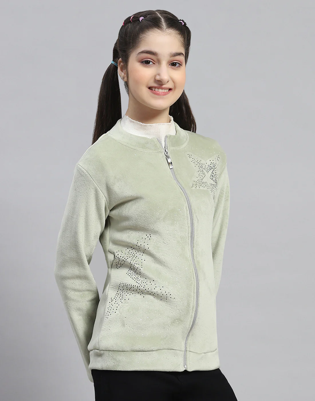 Girls Green Embellished Stand Collar Full Sleeve Sweatshirt - Image 4