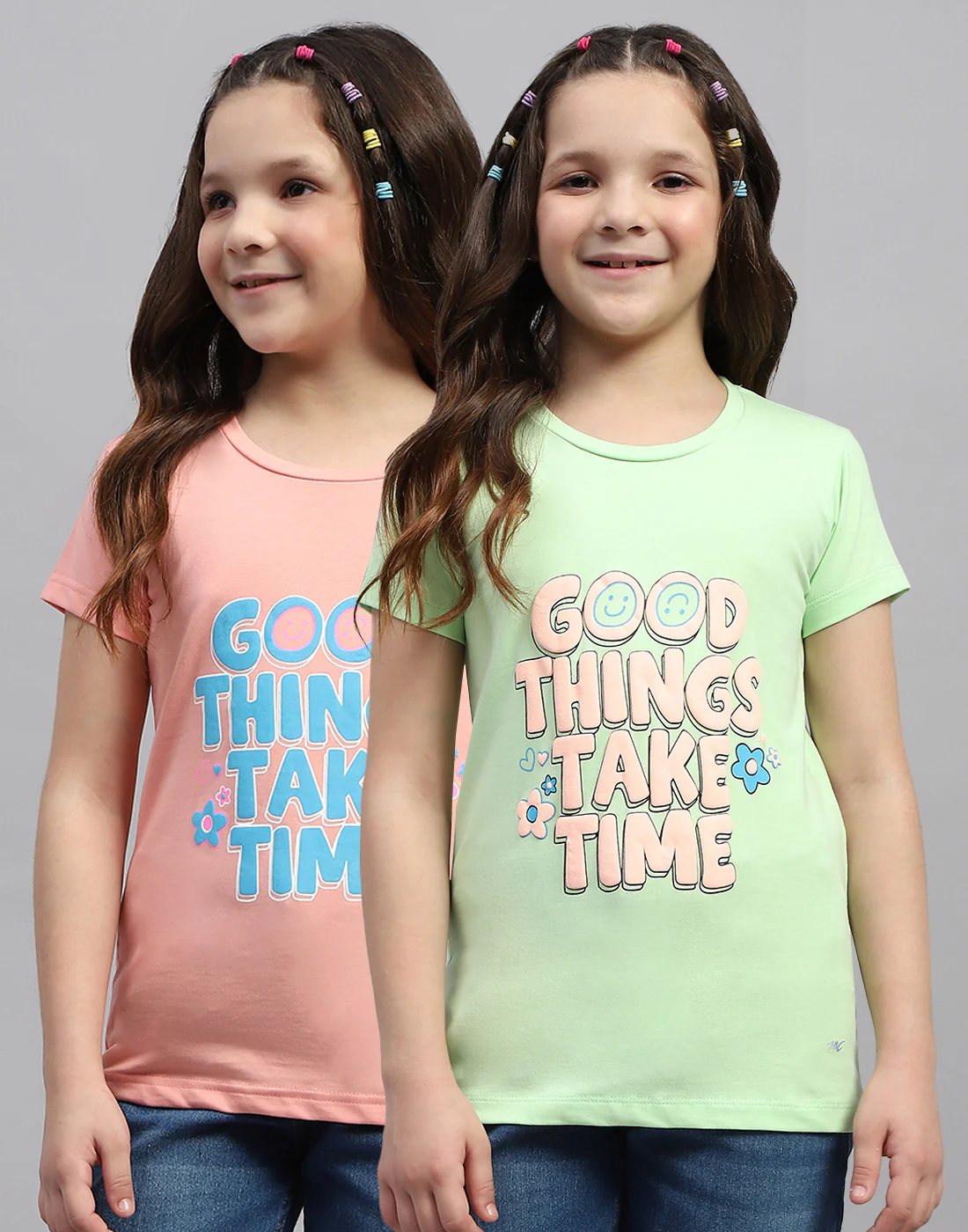 Girls Green & Peach Printed Round Neck Half Sleeve T-Shirt (Pack of 2) - Image 2