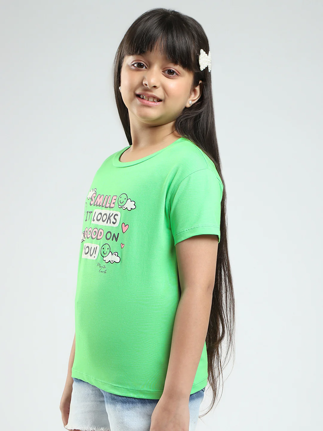 Girls Green & Pink Printed Round Neck Half Sleeve Top 2Pc Set - Image 8