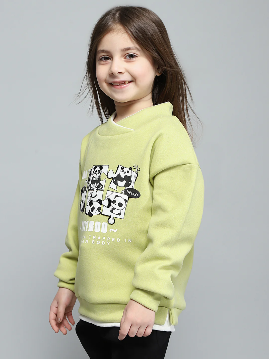 Girls Green Printed Band Collar Full Sleeve Sweatshirt - Image 3
