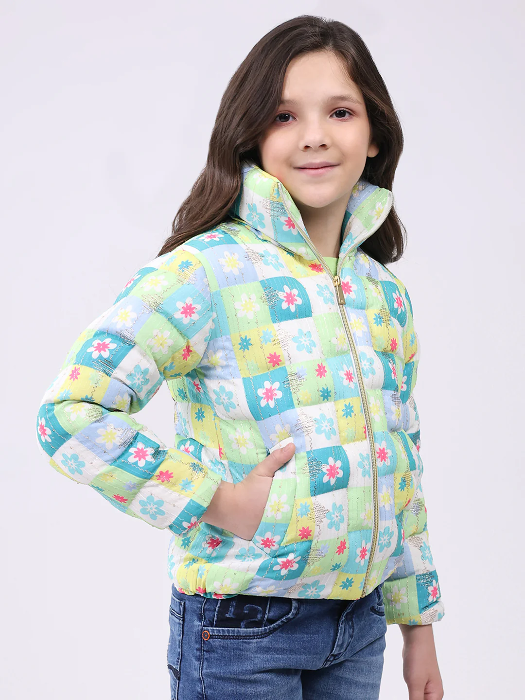 Girls Green Printed Collar Full Sleeve Jacket - Image 4