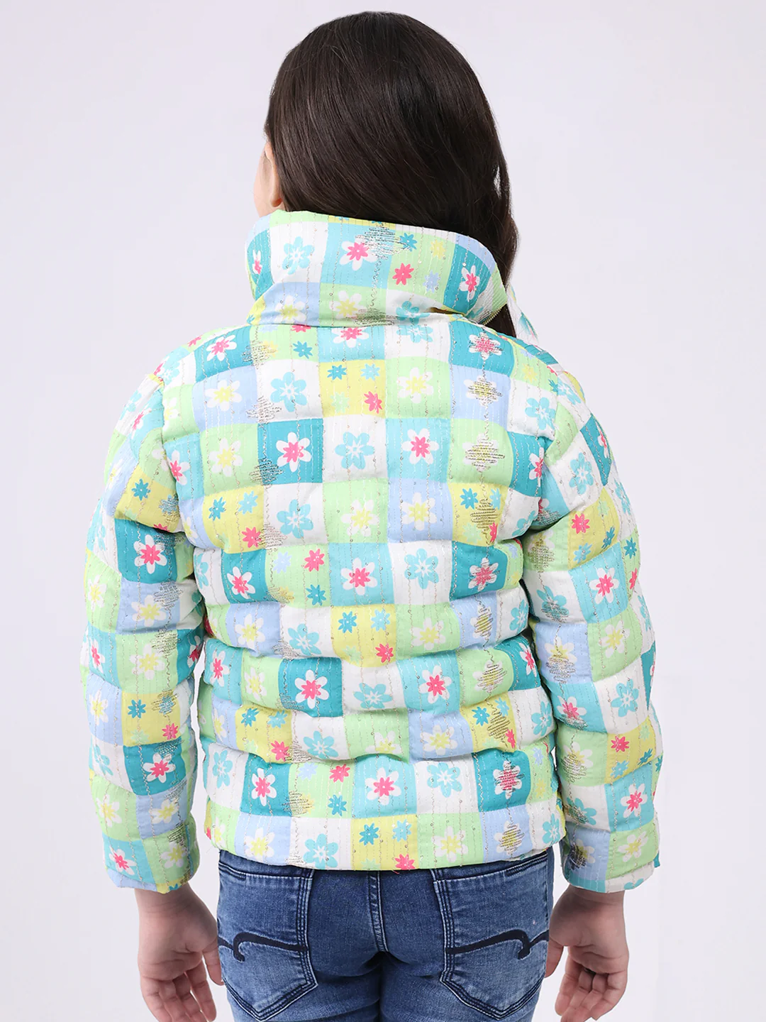 Girls Green Printed Collar Full Sleeve Jacket - Image 5