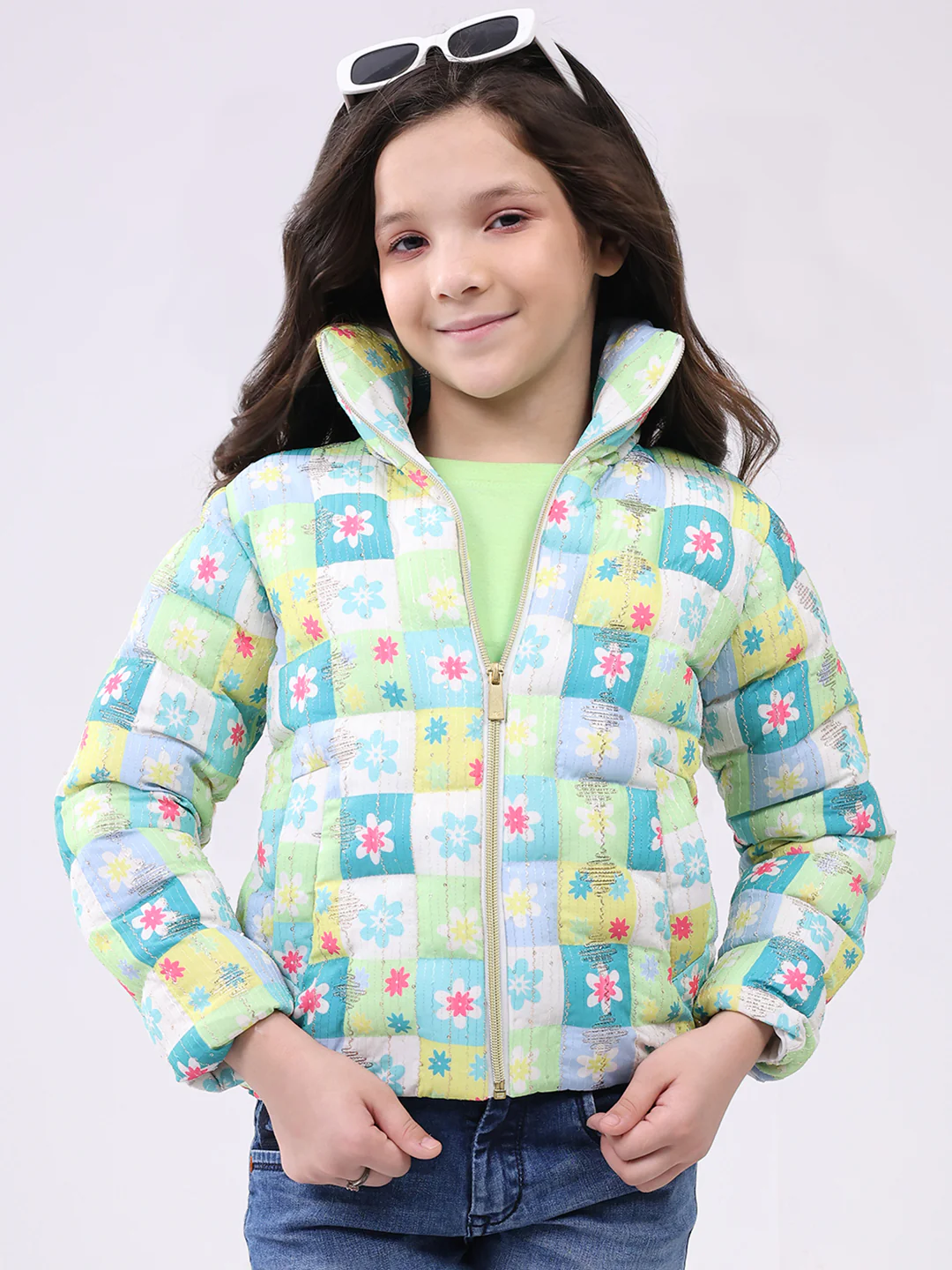 Girls Green Printed Collar Full Sleeve Jacket - Image 6