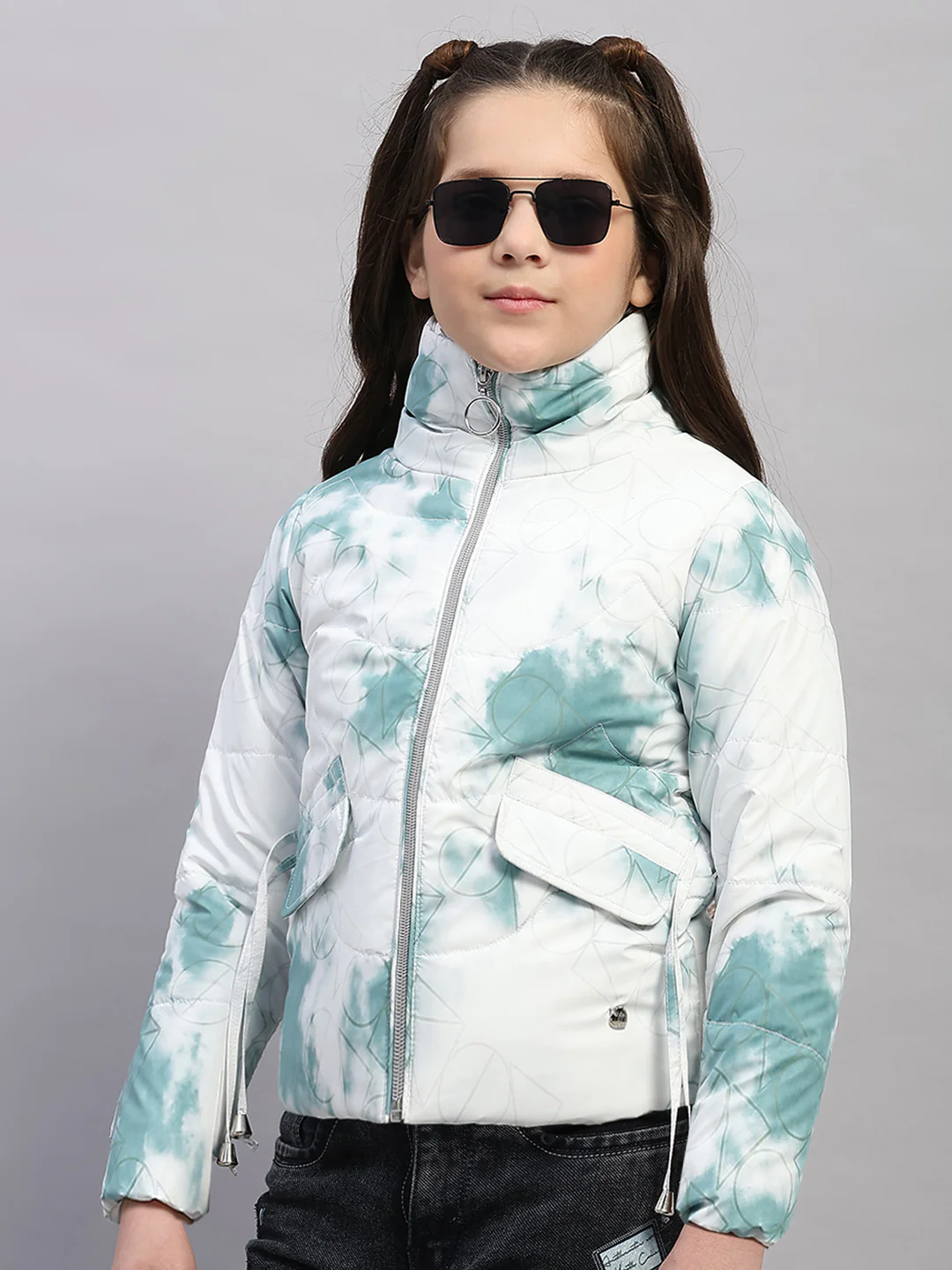 Girls Green Printed Collar Full Sleeve Jacket - Image 3