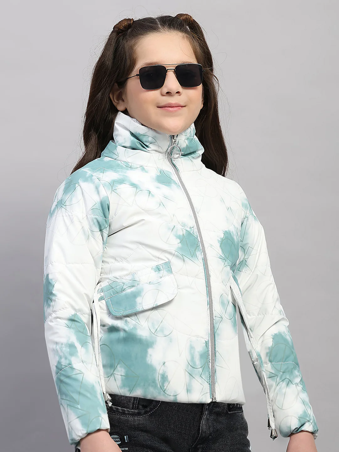 Girls Green Printed Collar Full Sleeve Jacket - Image 4