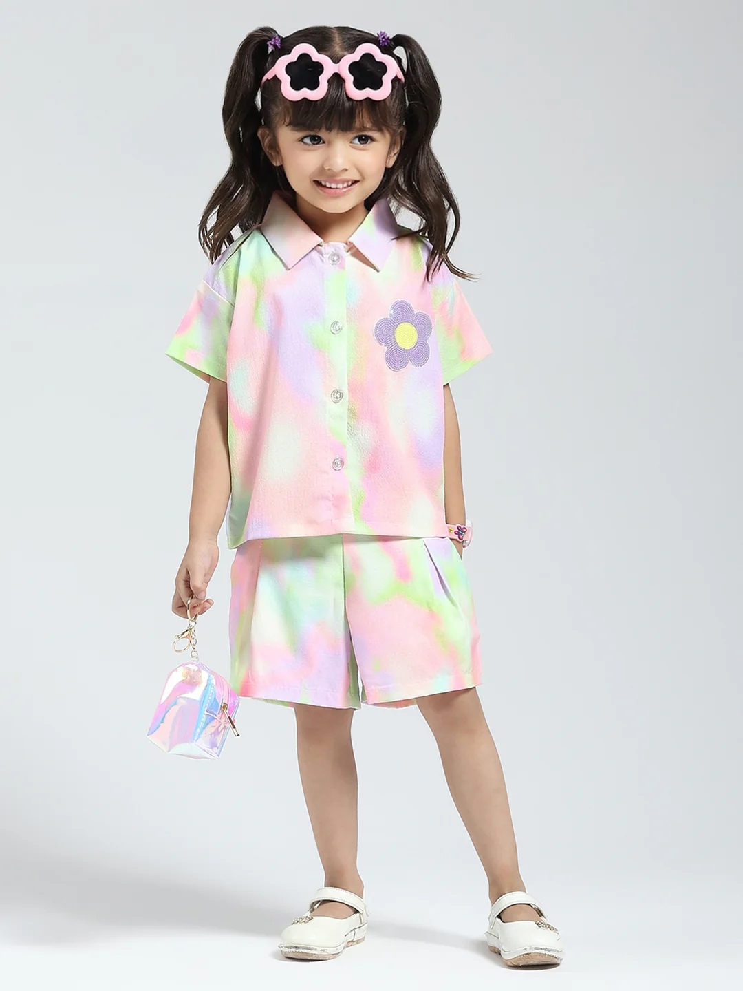 Girls Green Printed Collar Half Sleeve Cords Set - Image 2