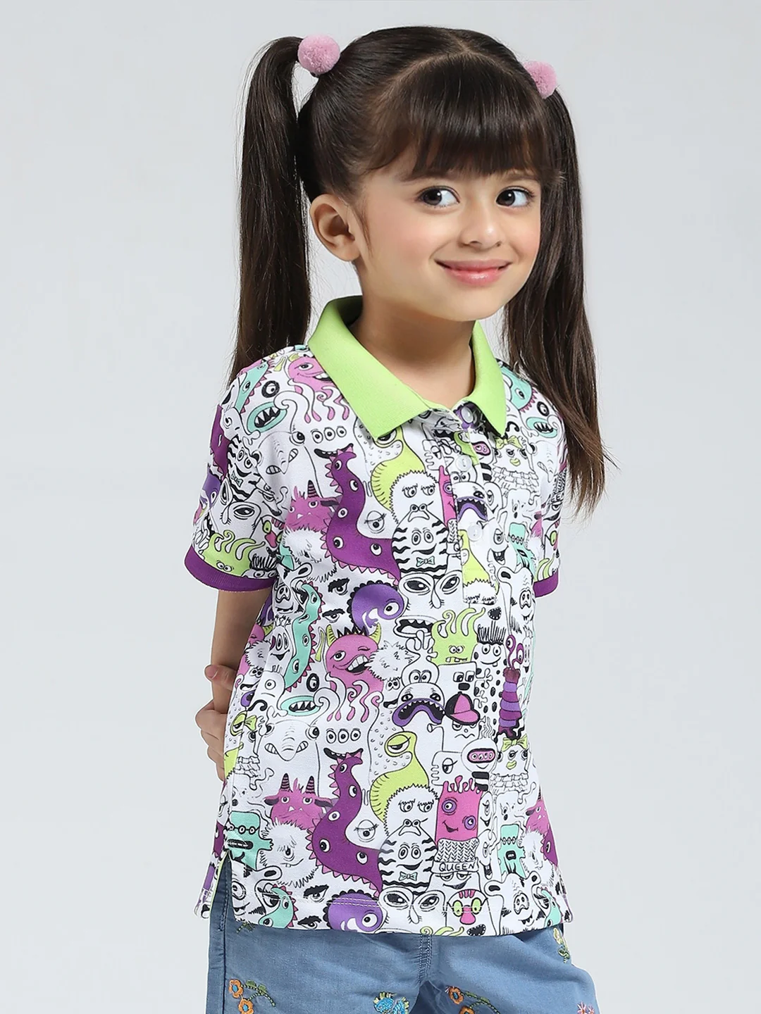 Girls Green Printed Collar Half Sleeve T-Shirt - Image 4