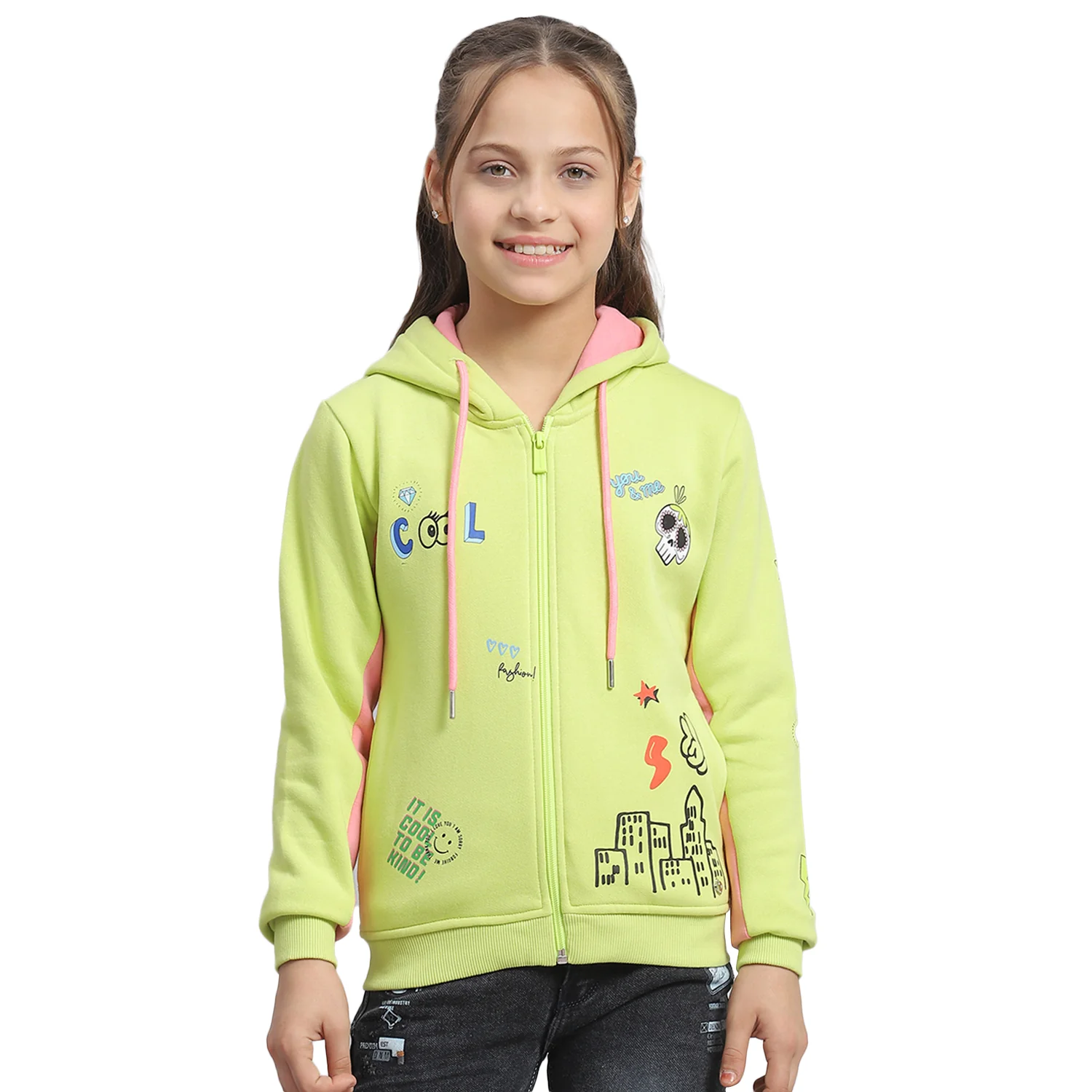 Girls Green Printed Hooded Full Sleeve Sweatshirt - Image 5