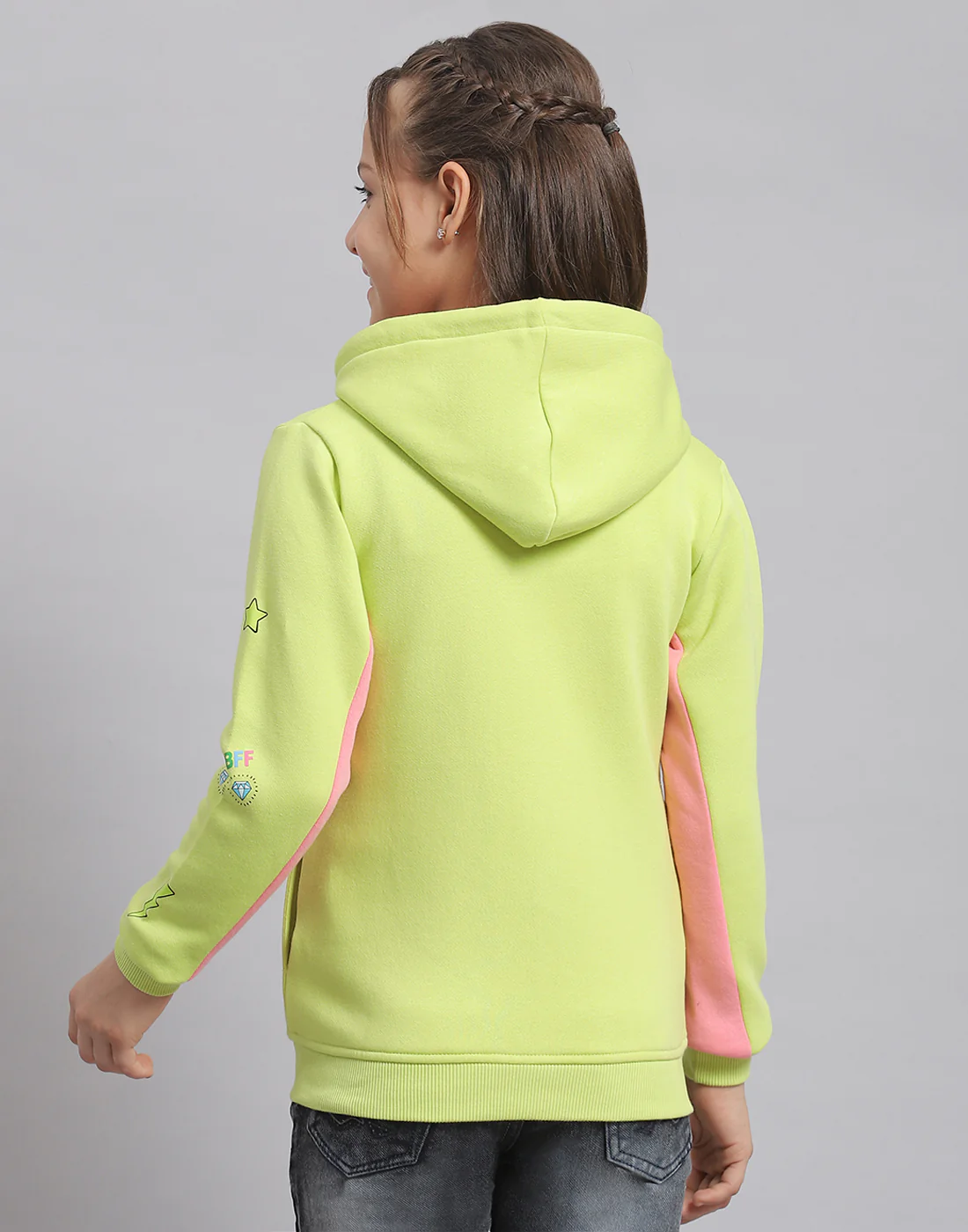 Girls Green Printed Hooded Full Sleeve Sweatshirt - Image 6