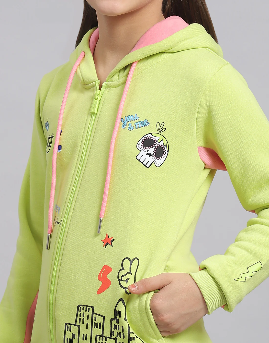 Girls Green Printed Hooded Full Sleeve Sweatshirt - Image 7