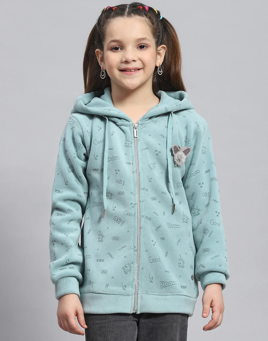 Girls Green Printed Hooded Full Sleeve Sweatshirt - Image 2