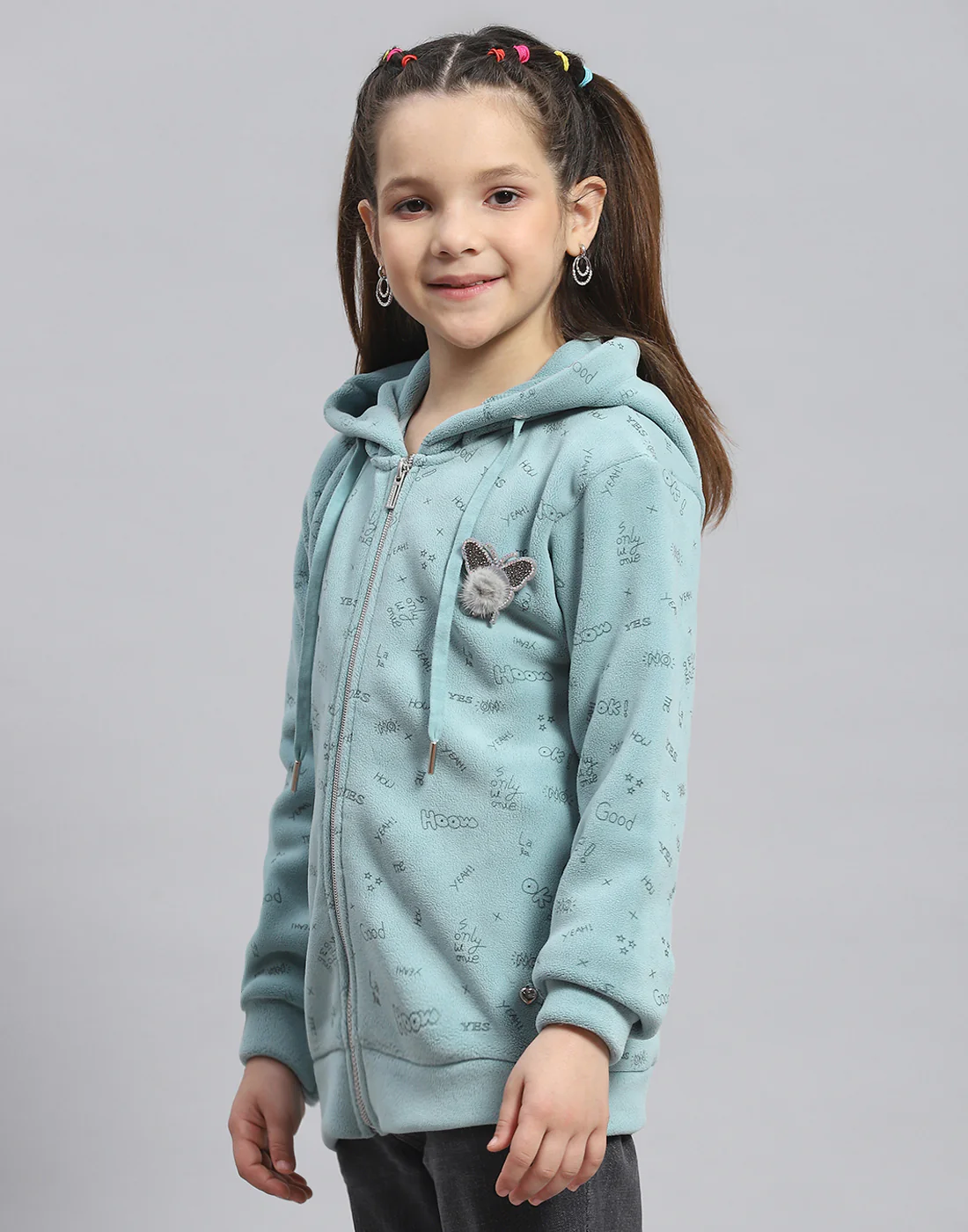 Girls Green Printed Hooded Full Sleeve Sweatshirt - Image 3